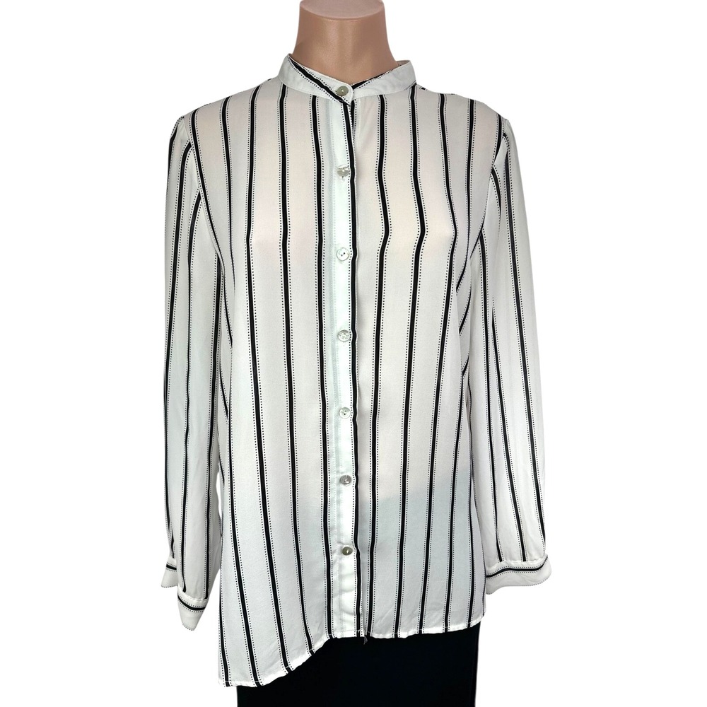 Spense Sz M Sheer Blouse White w Black Stripes Long Sleeves Button Front Polyest